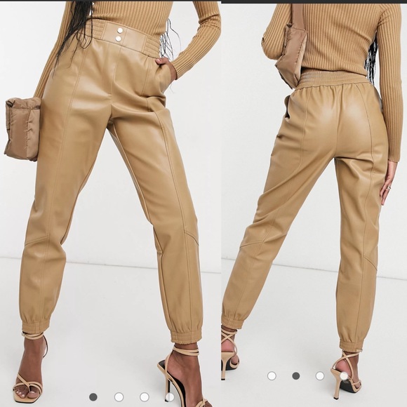 River Island Pants - River Island faux leather slim sweatpants in beige Size 6